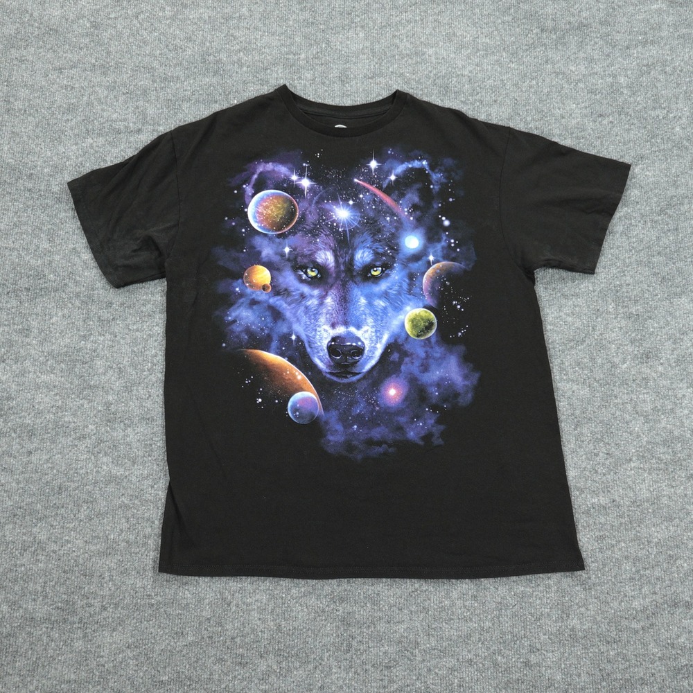 Dom T-Shirt Mens‎ Large Black Wolf Space Galaxy Graphic Print Cotton Tee